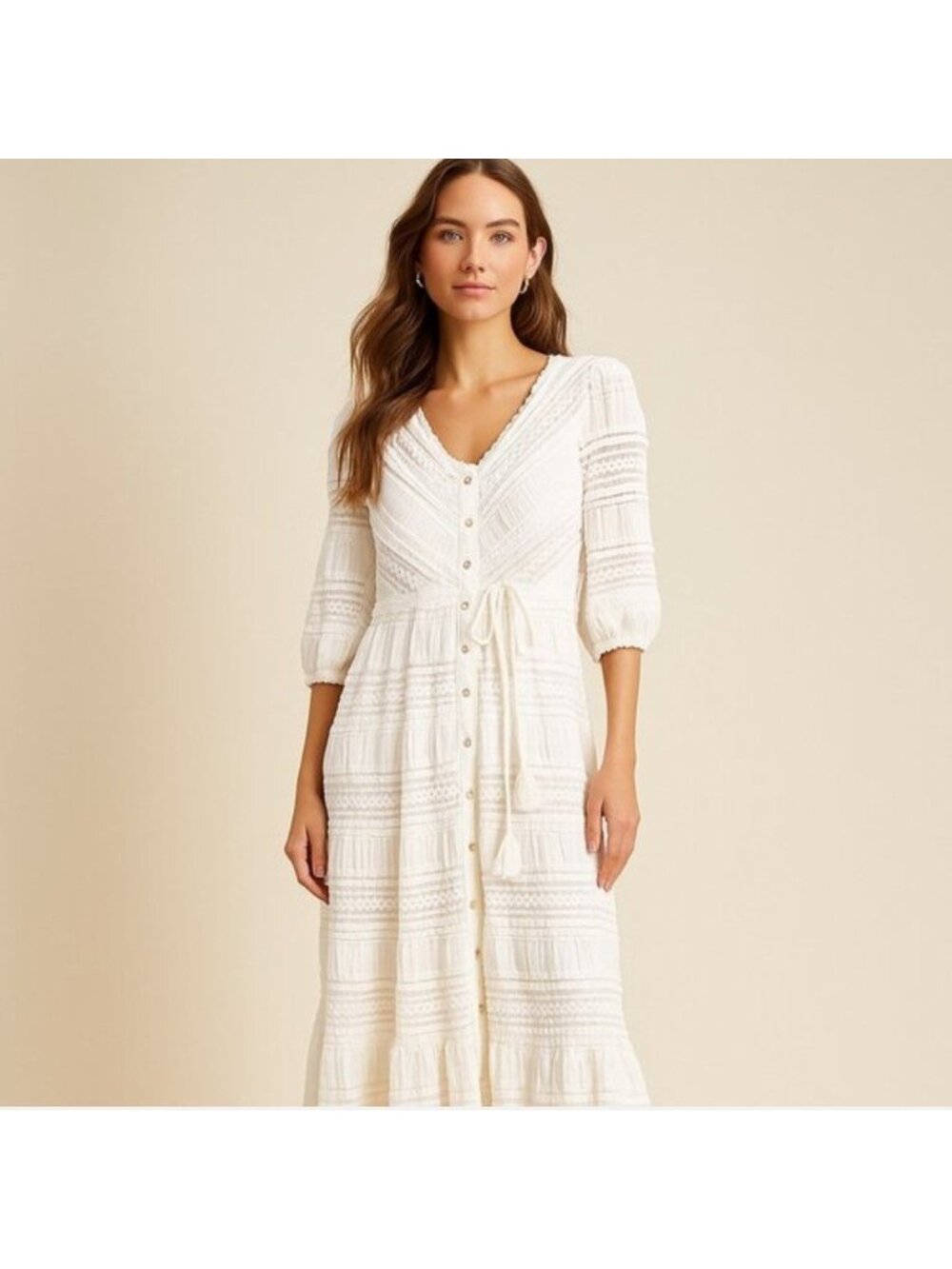 A Collective Story White Lace Tiered Button Up Maxi Dress Edwardian Look Resort